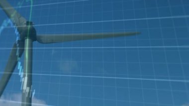 Rüzgar türbini üzerinde veri işleme animasyonu. küresel iklim değişikliği, sürdürülebilirlik ve rüzgar enerjisi konsepti dijital olarak oluşturulmuş video.