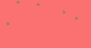 Pembe arka plana düşen sarı ve kahverengi çömleklerdeki ev bitkilerinin canlandırması. ev hayatı ve doğa soyut arayüz arka plan kavramı dijital olarak oluşturulmuş video.