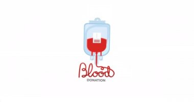 Kan torbası logosuyla kan bağışı metninin animasyonu, bağışçılarla birlikte gülümseyen kadın hemşire. kan bağışı ayı farkındalık kampanyası konsepti dijital olarak oluşturuldu.