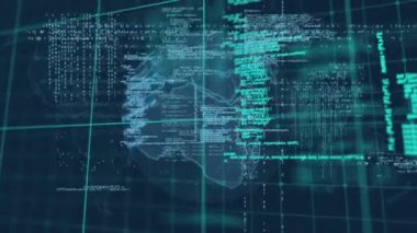 Veri işleme ve korsenin üzerindeki dünyanın animasyonu. küresel veri işleme ve dijital arayüz konsepti dijital olarak oluşturulmuş video.