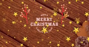 Yılbaşı animasyonları ve yeni yıl tebrikleri. Tahta tahtaların üzerinde mesajlar ve düşen altın yıldızlar. Noel, gelenek ve kutlama konsepti dijital olarak oluşturuldu.