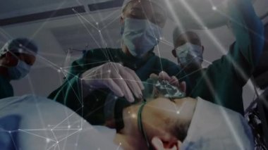 Ameliyathanedeki cerrahlar üzerinden bağlantı ağının animasyonu. küresel tıp, sağlık hizmetleri ve dijital olarak üretilen video konsepti.