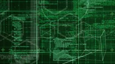 Yeşil ızgaradaki verilerin işlenmesinde denklemlerin, formüllerin ve geometrinin animasyonu. küresel bilim, eğitim ve araştırma teknolojisi konsepti dijital olarak oluşturulmuş video.
