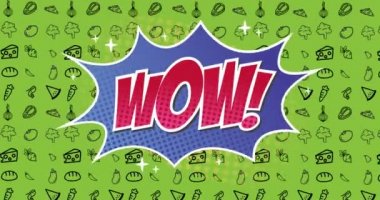 Yeşil arkaplandaki yemek simgelerinin üzerindeki retro konuşma baloncuğunun üzerinde pow metin ile canlandırma. Beslenme ve sağlıklı gıda konsepti dijital olarak üretilen video.