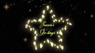 Mevsim kutlamalarının animasyonu, peri ışıkları ve altın konfetileri yıldızının üzerine siyah üzerine yazılmış bir metin. Yeni yıl, Noel, kutlama, parti ve mevsimlik etkinlik konsepti dijital olarak oluşturuldu.