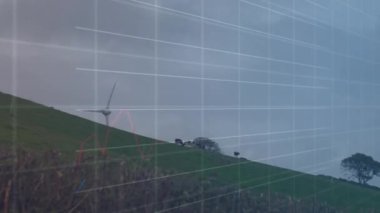 Rüzgar türbini üzerinde veri işleme animasyonu. küresel iklim değişikliği, sürdürülebilirlik ve rüzgar enerjisi konsepti dijital olarak oluşturulmuş video.