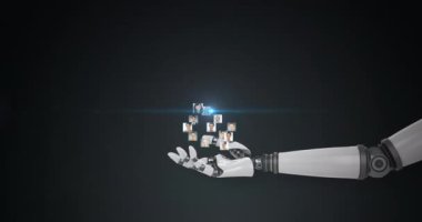 Robot kolun üzerinde büyüyen insan ağının animasyonu, karanlık arka planda hareket eden ışık. Elektrik mühendisliği teknolojisi, iletişim ve araştırma konsepti dijital olarak oluşturulmuş video.