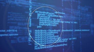 Dairesel tarayıcı ve parçacıkların animasyonu mavi arkaplandaki verilerin işlenmesinde sarmal oluşturur. küresel bilim, eğitim ve araştırma teknolojisi konsepti dijital olarak oluşturulmuş video.