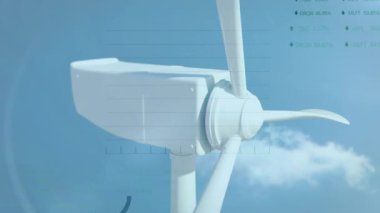 Rüzgar türbini üzerinde finansal veri işleme animasyonu. küresel iklim değişikliği, sürdürülebilirlik ve rüzgar enerjisi konsepti dijital olarak oluşturulmuş video.