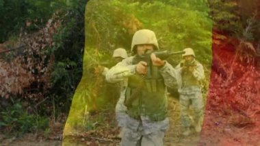 Belçika bayrağının silahlı askerlerin üzerinde canlandırılması. Ulusal ordu, vatanseverlik ve silahlı kuvvetler konsepti dijital olarak oluşturulmuş video.