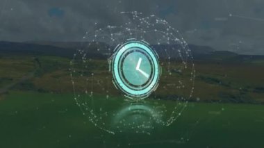 Hareket eden saatin animasyonu ve manzara üzerindeki bağlantı ağı. küresel iletişim, veri işleme ve dijital arayüz kavramı, dijital olarak oluşturulmuş video.