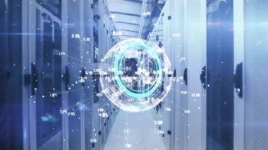 Bilgisayar sunucularında saat, küre ve veri işleme animasyonu. küresel veri işleme, bağlantılar ve teknoloji konsepti dijital olarak oluşturulmuş video.