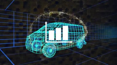 İnsan beyni animasyonu ve 3 boyutlu karavan ve ızgara çizim modeli istatistikleri. küresel mühendislik, veri işleme ve dijital arayüz kavramı dijital olarak oluşturulmuş video.