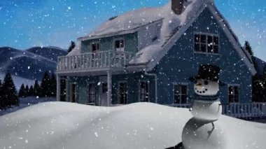 Ev ve kardan adamın olduğu bir Noel manzarasının üzerine yağan kar animasyonu. Noel, gelenek ve kutlama konsepti dijital olarak oluşturuldu.