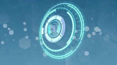Mavi arkaplandaki altıgen ağı üzerinden geri sayım ile kapsam taramasının animasyonu. küresel bağlantılar ve veri işleme konsepti dijital olarak oluşturulmuş video.