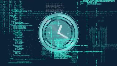 Veri işleme ve saatin animasyonu hızla ilerliyor. küresel veri işleme ve dijital arayüz konsepti dijital olarak oluşturulmuş video.