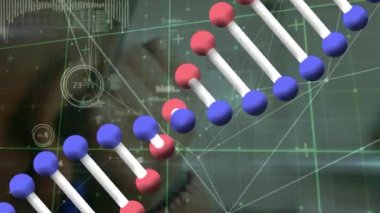 Parlak noktalarla bağlantılı ağların üzerinde dönen DNA iplikçiklerinin animasyonu. küresel bağlantılar ve veri işleme konsepti dijital olarak oluşturulmuş video.