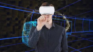 VR kulaklık takan iş adamının animasyonu 3D model bir minibüs ve ızgara çiziyor. küresel mühendislik, veri işleme ve dijital arayüz kavramı dijital olarak oluşturulmuş video.