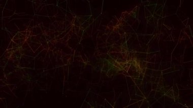 Siyah zemin üzerinde hareket eden parlak kırmızı ve yeşil ağın animasyonu. Dijital olarak oluşturulan küresel iletişim ağı konsepti.