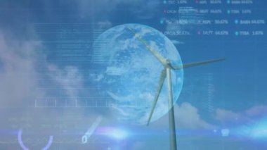 Rüzgâr türbini üzerinde finansal veri işleme ve küre animasyonu. küresel iklim değişikliği, sürdürülebilirlik ve rüzgar enerjisi konsepti dijital olarak oluşturulmuş video.