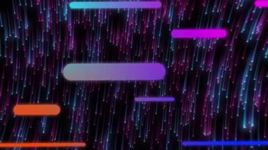 Siyah üzerinde mavi ve mor kayan yıldızlar arasında hareket eden renkli kapsül şekillerinin animasyonu. İletişim, enerji ve dijital arayüz teknolojisi konsepti dijital olarak oluşturulmuş video.