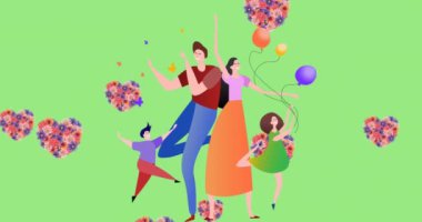 Balonlarla ve çiçeklerle yeşil kalplerle dans eden mutlu bir ailenin canlandırması. aile, kutlama, aşk, sağlık ve birliktelik konsepti dijital olarak oluşturulmuş video.