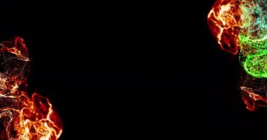 Siyah zemin üzerinde hareket eden parlak kırmızı ve yeşil parçacık bulutlarının animasyonu. hareket, enerji ve biçim, soyut arayüz arkaplan kavramı dijital olarak oluşturulmuş video.