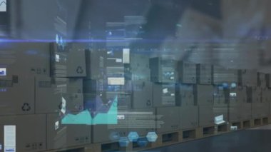 Arka plandaki karton kutuların üzerindeki istatistiklerin animasyonu. küresel gönderim ve bağlantılar konsepti dijital olarak oluşturulmuş video.