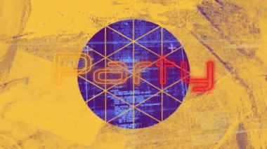 Parti metninin verileri işlemek üzerine kirli sarı kağıtlarla kesilmiş neon üzerine daire şeklinde animasyonu. küresel iletişim ve dijital arayüz teknolojisi kavramı dijital olarak oluşturulmuş video.