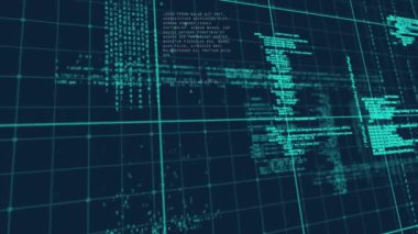 Yeşil ızgara ve veri işleme ile arayüz boyunca hareket eden kırmızı noktaların canlandırması. küresel iletişim ve dijital arayüz teknolojisi kavramı dijital olarak oluşturulmuş video.