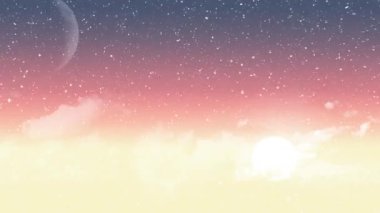 Kırmızı zeminde aya düşen karın sarı arka plana düşüşü. Kış, Noel, gelenek ve kutlama konsepti dijital olarak oluşturulmuş video.