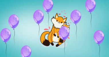 Mor balonlarla kucaklaşan mutlu ebeveyn ve genç tilkinin canlandırması. aile, sevgi, sağlık ve birliktelik kavramı dijital olarak oluşturulmuş video.