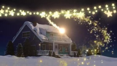 Kar kaplı evin üzerinde kayan yıldız ve noel yıldızlarının ışık animasyonu. Noel, gelenek ve kutlama konsepti dijital olarak oluşturuldu.