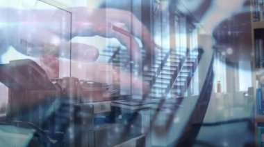 Kopyalama makinesi kullanan erkek öğrencinin üzerine bilgisayar klavyesinde yazan kişinin animasyonu. küresel eğitim, eğitim ve bağlantılar dijital olarak oluşturulmuş video konsepti.