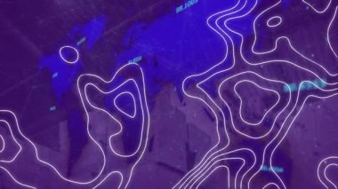 Dünya haritası üzerinde beyaz harita çizgileri ve değişen numaraların animasyonu. küresel bağlantılar ve veri işleme konsepti dijital olarak oluşturulmuş video.