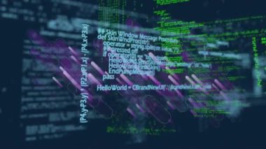 Veri işleme ve korse üzerindeki mor ışık izlerinin animasyonu. küresel veri işleme ve dijital arayüz konsepti dijital olarak oluşturulmuş video.