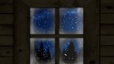 Pencereden görünen yılbaşı ağaçlarının üzerine düşen kar animasyonu. Noel, gelenek ve kutlama konsepti dijital olarak oluşturuldu.