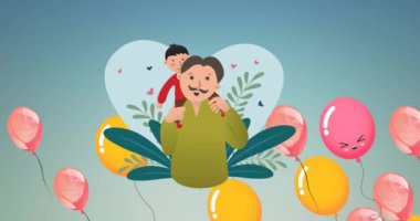 Mavinin üzerinde renkli balonlar olan mutlu baba ve oğulun canlandırması. aile, aşk, kutlama ve birliktelik konsepti dijital olarak oluşturulmuş video.