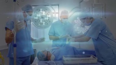 Ameliyathanedeki cerrahlar üzerinden bağlantı ağının animasyonu. küresel tıp, sağlık hizmetleri ve dijital olarak üretilen video konsepti.