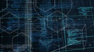 Siyah zemin üzerindeki verilerin işlenmesinde denklemlerin, formüllerin ve geometrinin animasyonu. küresel bilim, eğitim ve araştırma teknolojisi konsepti dijital olarak oluşturulmuş video.