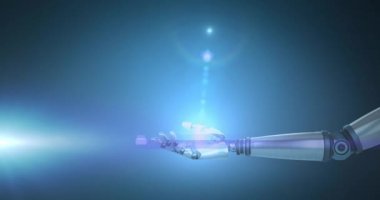 Mavi arka planda uzanan robot kolunun üzerinde mavi ışık parlaması. Elektrik mühendisliği teknolojisi, iletişim ve araştırma konsepti dijital olarak oluşturulmuş video.