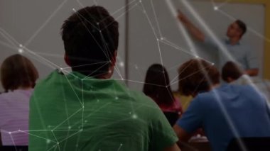 Öğrencilerle erkek öğretmen arasındaki bağlantı ağının animasyonu. küresel eğitim, eğitim ve bağlantılar dijital olarak oluşturulmuş video konsepti.