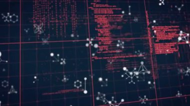 Veri işleme ve korse üzerindeki moleküllerin animasyonu. küresel veri işleme ve dijital arayüz konsepti dijital olarak oluşturulmuş video.