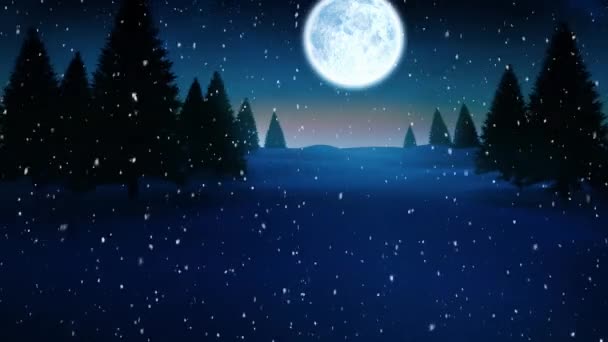 Animation Snow Falling Full Moon Stars Christmas Trees Blue Background — Stock Video