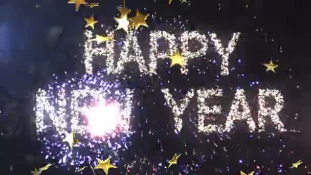 Animación Texto Feliz Año Nuevo Con Fuegos Artificiales Estrellas Sobre — Vídeo de stock
