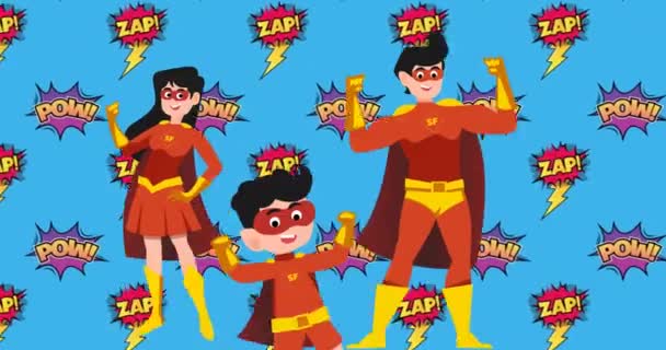 Animation Illustration Happy Superhero Parents Son Blue Background Family Celebration — Stock Video