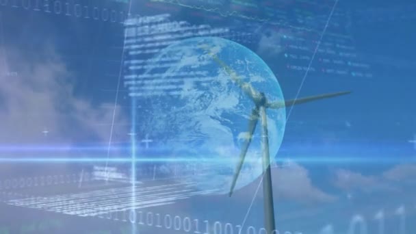 Animation Der Binären Codierung Von Finanzdaten Und Globus Über Windenergieanlagen — Stockvideo