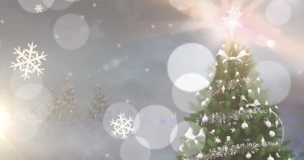 Animazione Caduta Neve Sopra Albero Con Decorazioni Natalizie Natale Tradizione — Video Stock