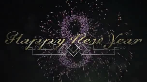 カウントダウンや花火爆発上の幸せな新年の挨拶のアニメーション 新しい年の大晦日のパーティーやお祭りやお祝いのコンセプトをデジタルで生成したビデオ — ストック動画