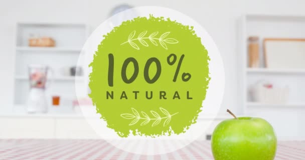 Animation 100 Percent Natural Text Green Apple Table Kitchen Vegan — Stock Video